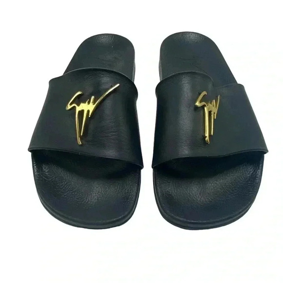 Giuseppe Zanotti Brett black leather Slide Sandal With gold Logo size 42 - Picture 1 of 8